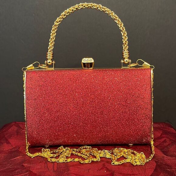 Red‎ Glitter and Gold  Evening Clutch Bag Gold Chain Strap - Picture 1 of 13